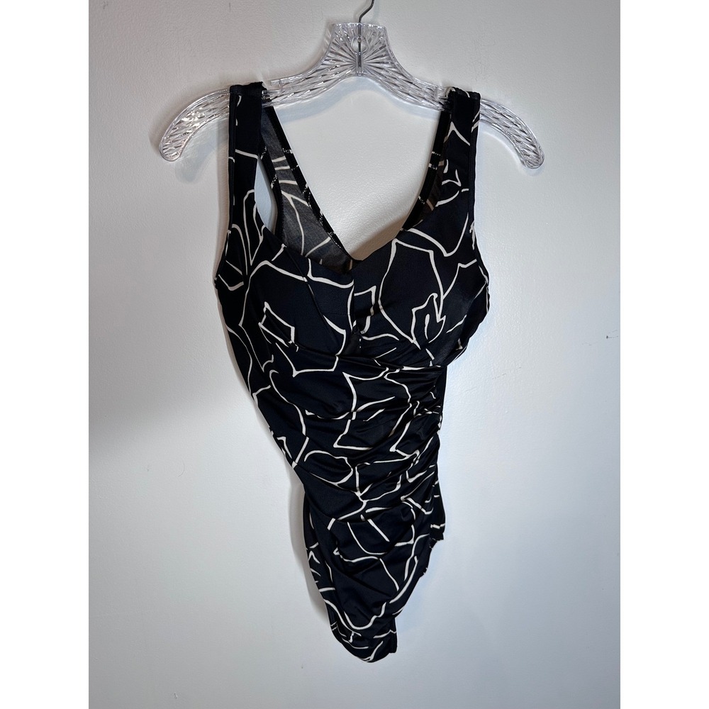Miraclesuit Womens 16W Black White Abstract Ruched One Piece Swimsuit 69966W